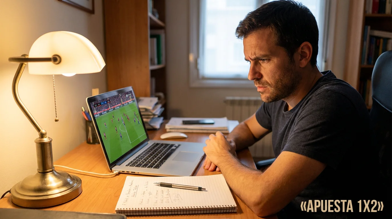 Aficionado analizando las cuotas 1X2 en una pantalla antes de un partido de fútbol