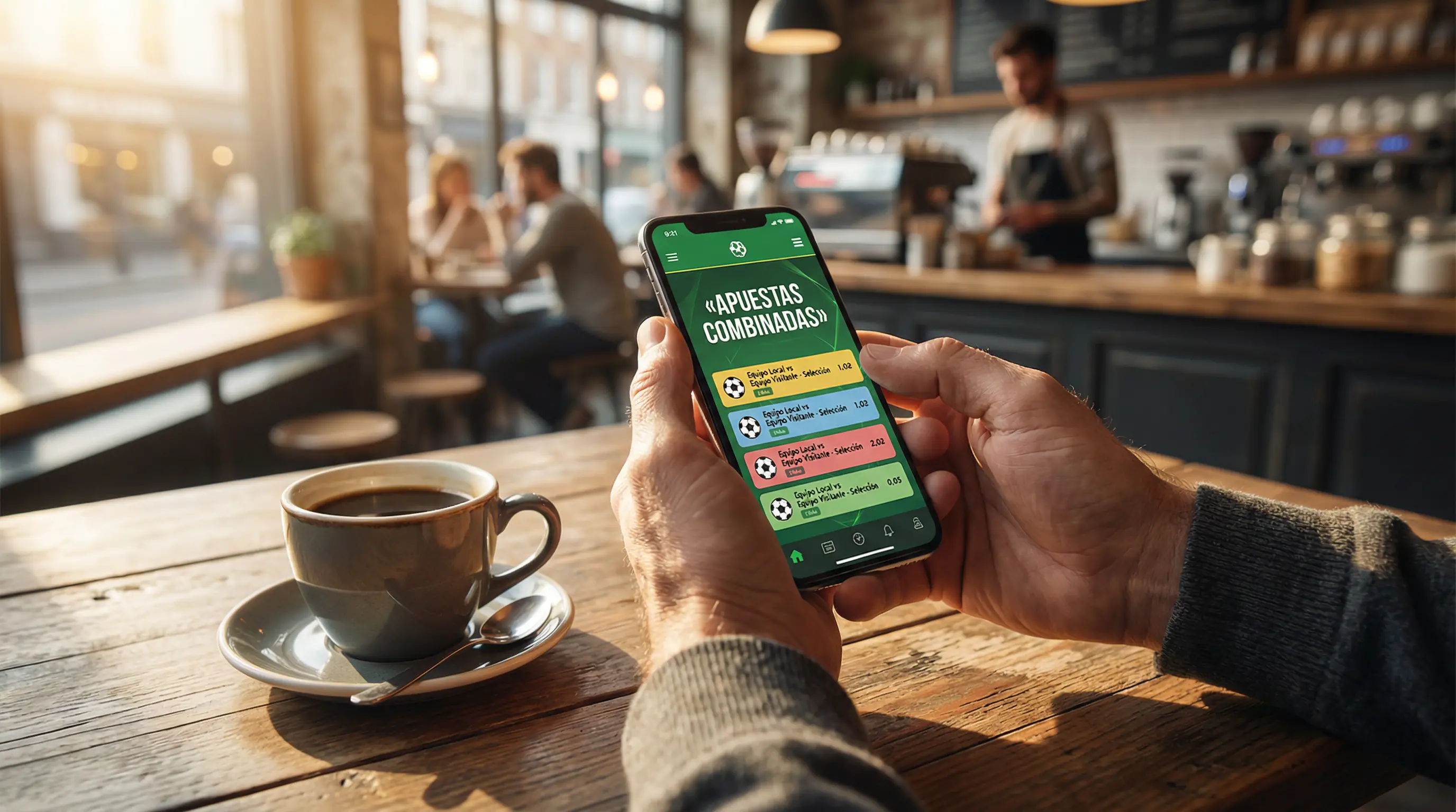 Persona revisando un boleto de apuesta combinada con varios partidos de fútbol seleccionados