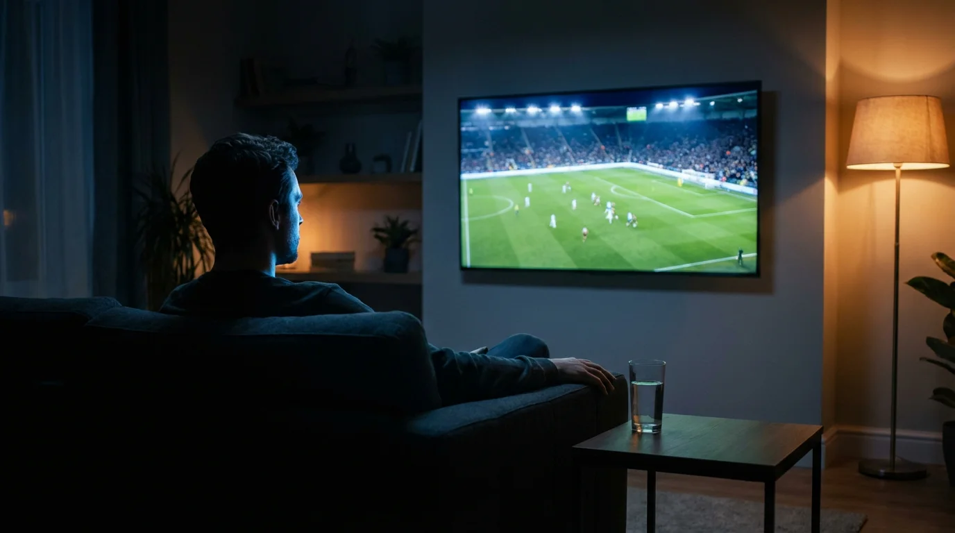Aficionado viendo un partido de fútbol en directo en televisión desde el salón de su casa