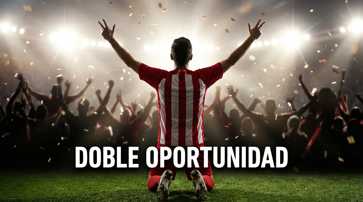 Jugador de fútbol celebrando un gol en un estadio, representando la cobertura de la doble oportunidad