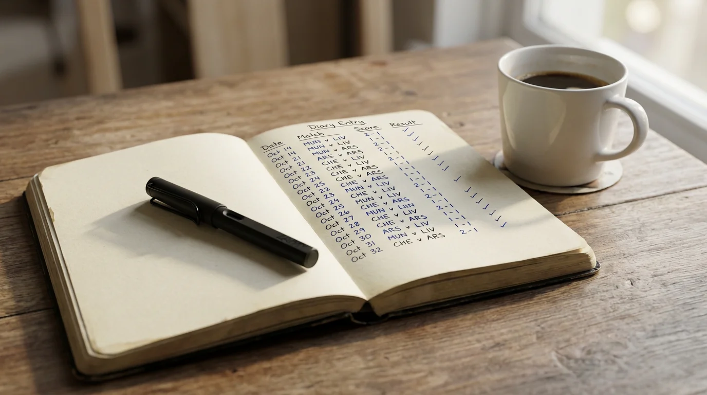 Libreta con anotaciones de apuestas de fútbol junto a un bolígrafo y una taza de café sobre un escritorio