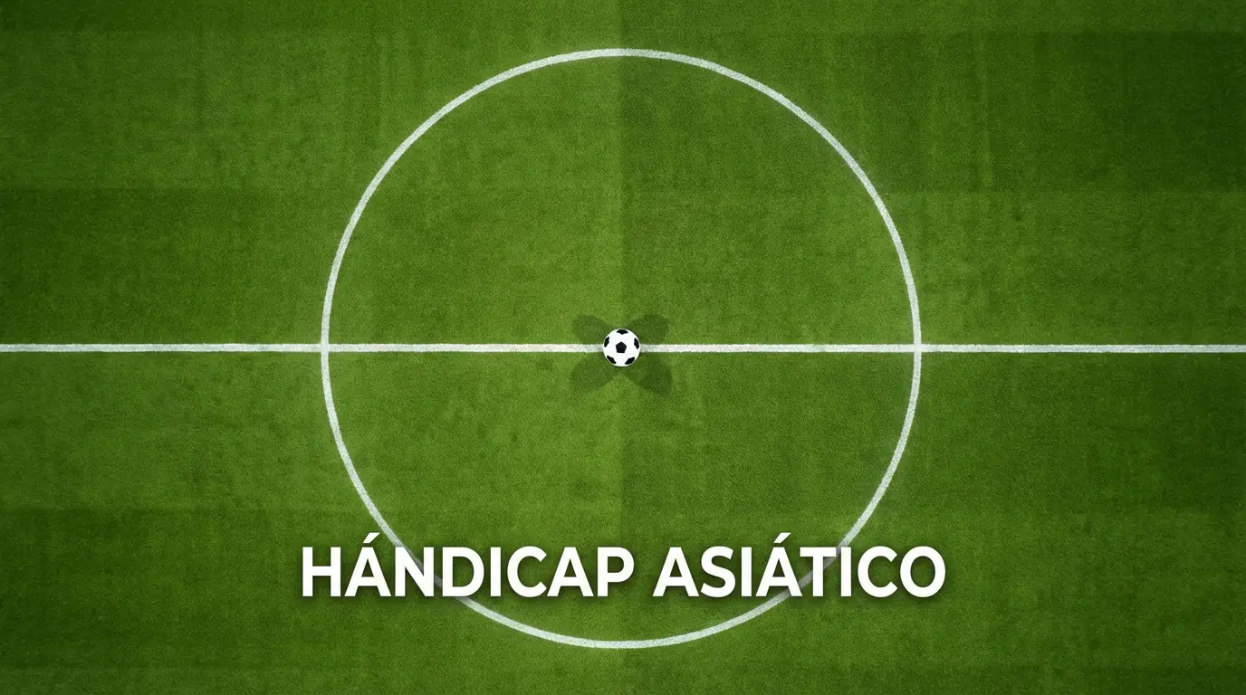 Campo de fútbol con marcas de ventaja simbólicas representando el hándicap asiático