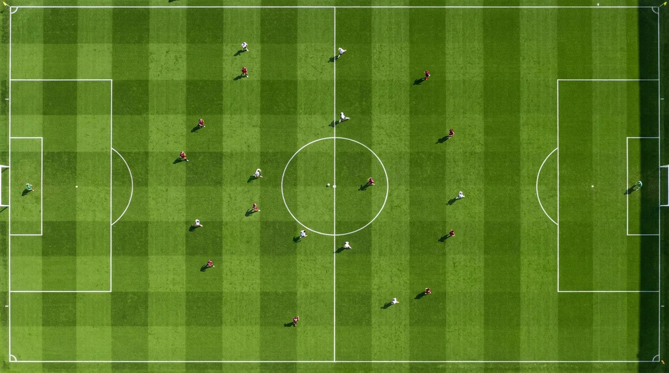 Vista cenital de un campo de fútbol con líneas de juego marcadas durante un partido de liga